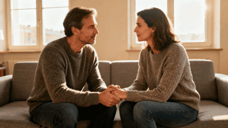 dating in recovery — calm couple sharing meaningful conversation