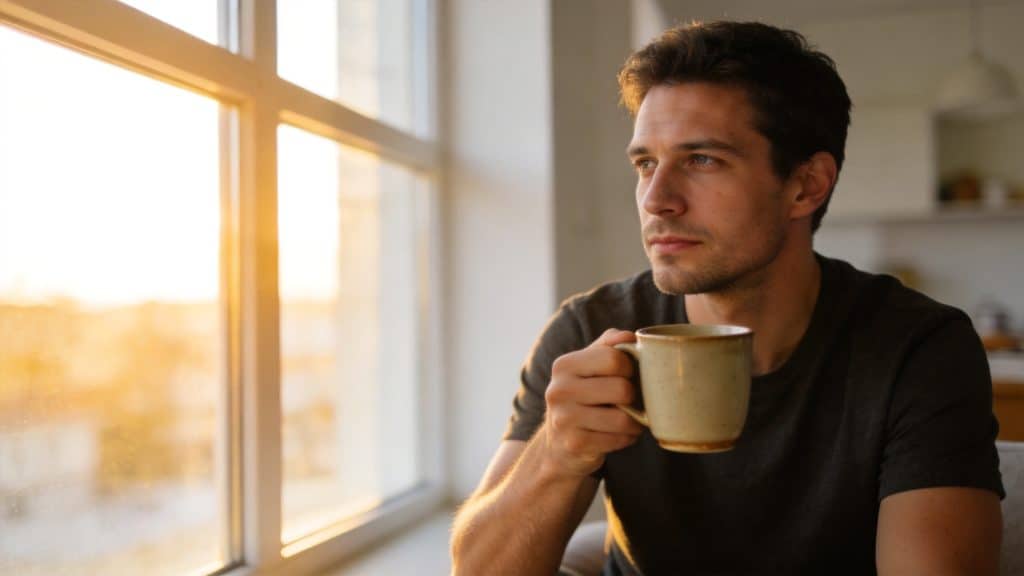 sex drive after quitting porn — man reflecting calmly by window at golden hour