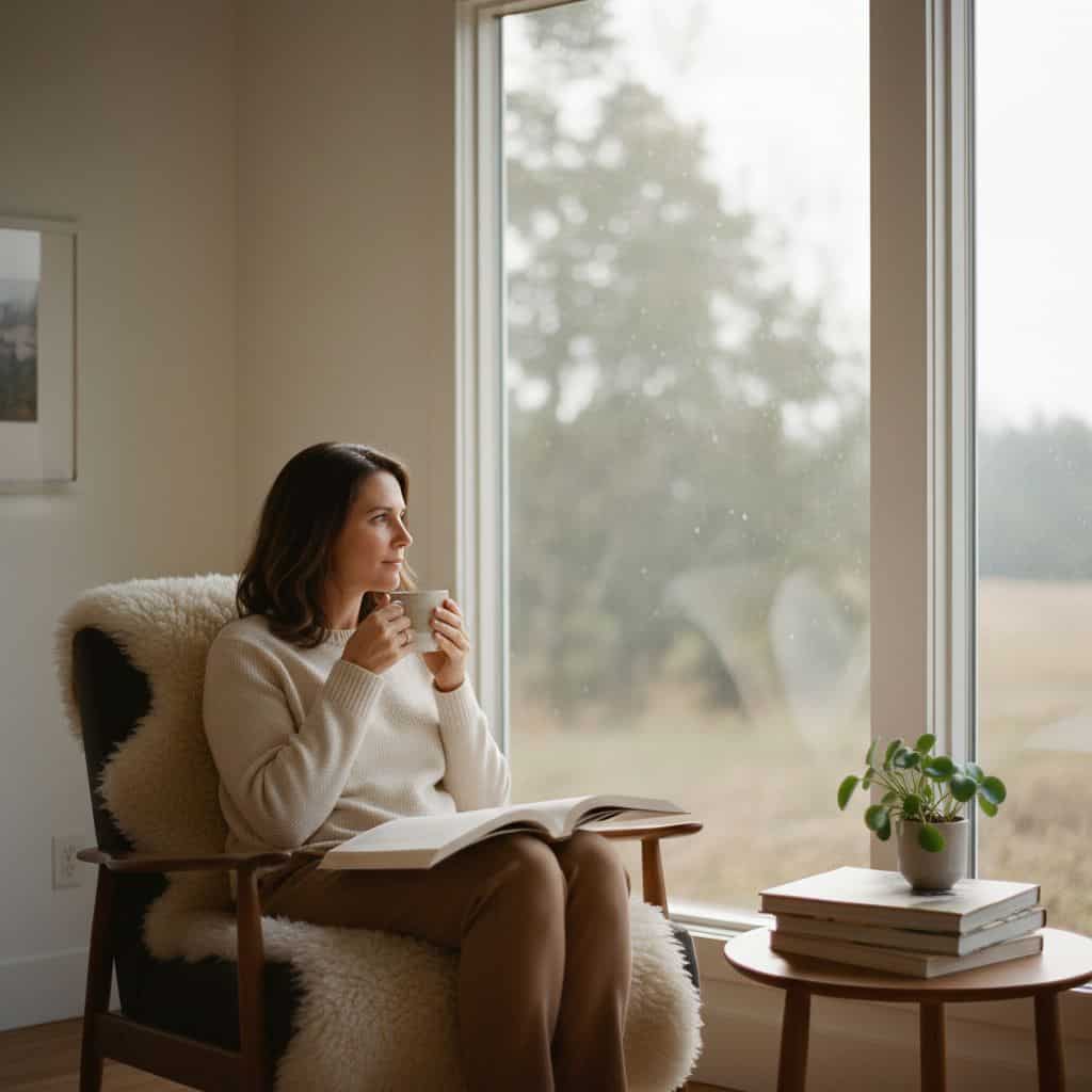 female porn addiction — woman in calm therapeutic conversation in soft warm light