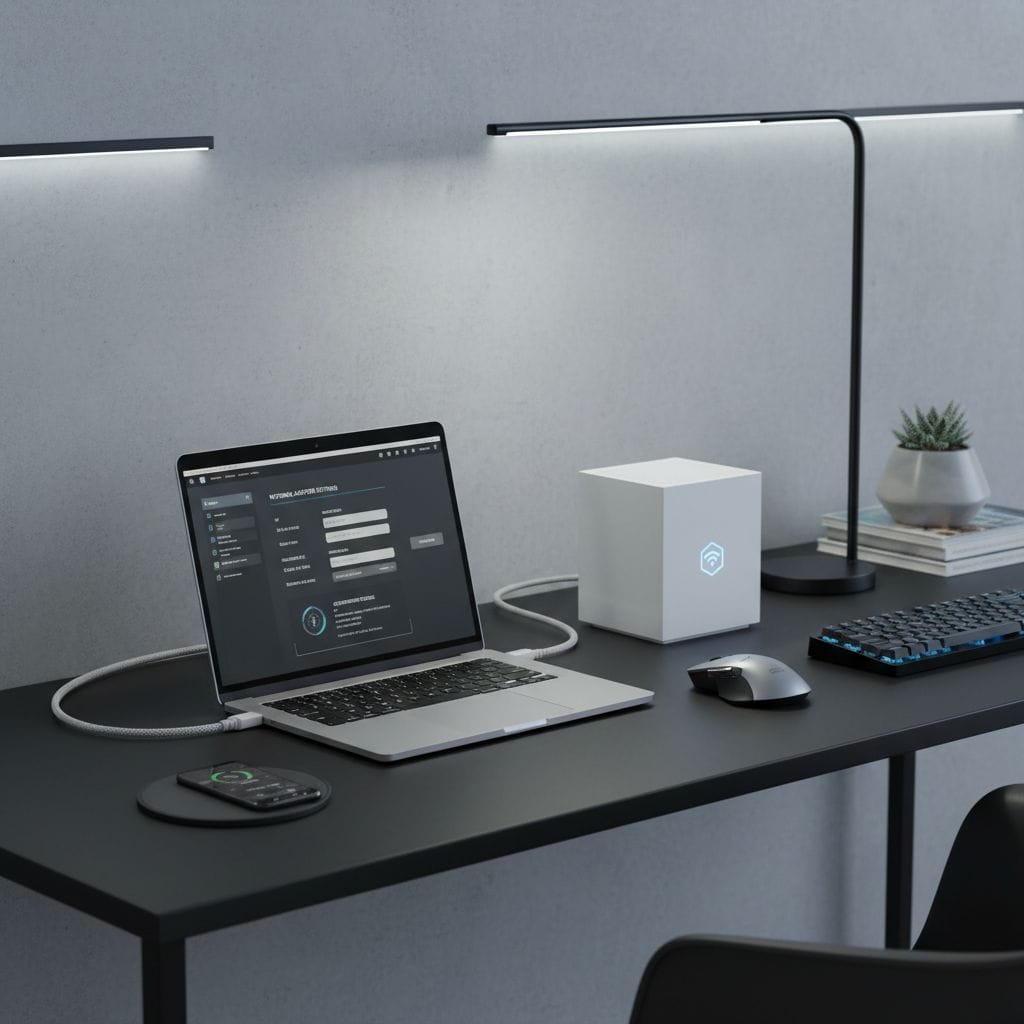 porn blocking — calm parent configuring router DNS filter in soft warm light